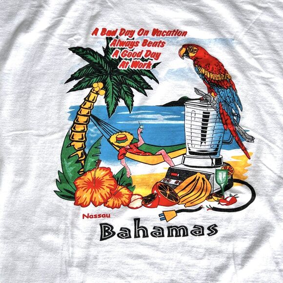 White Bahamas Graphic T Shirt Men XL Parrot Tropical Beach Vacation Colorful Tee - Picture 2 of 9